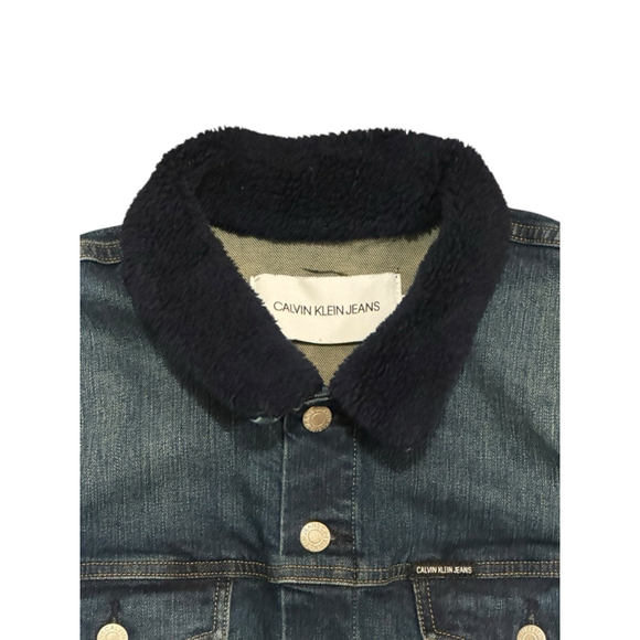 Calvin Klein Men’s 90s Sherpa Denim Trucker Jeans Jacket Dark Wash Navy Sz L​​​​ - Picture 4 of 10